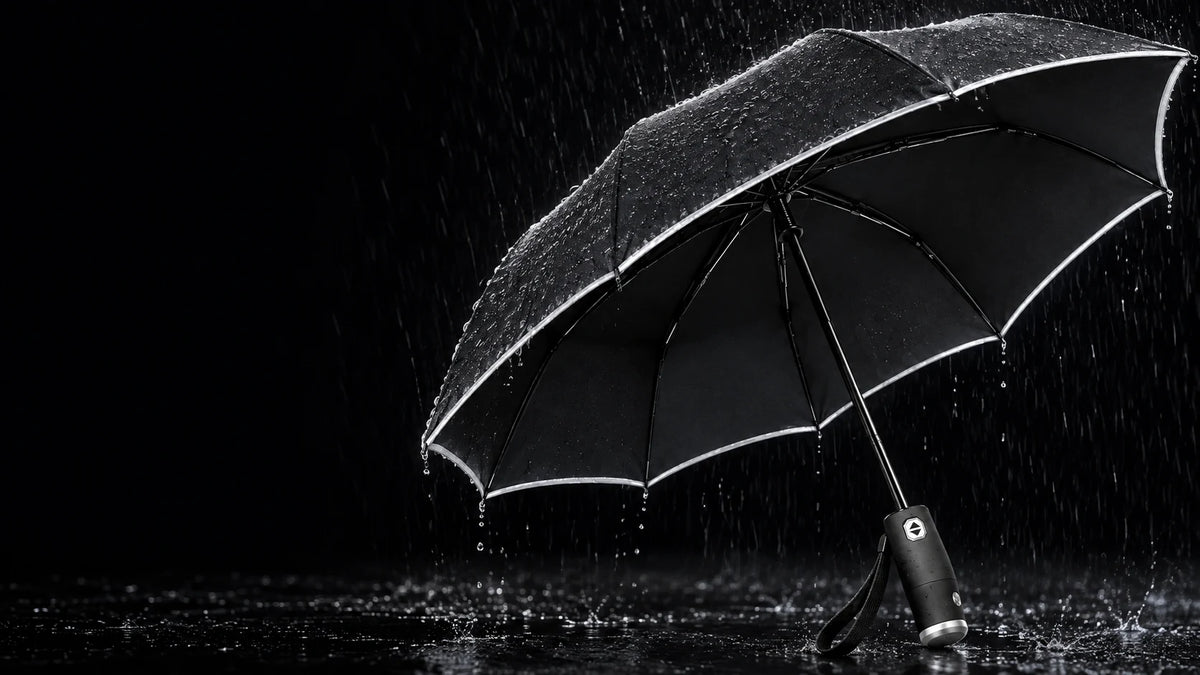Schwarzer Rayni Regenschirm mit silbernem Rand im Regen – Desktop-Motiv